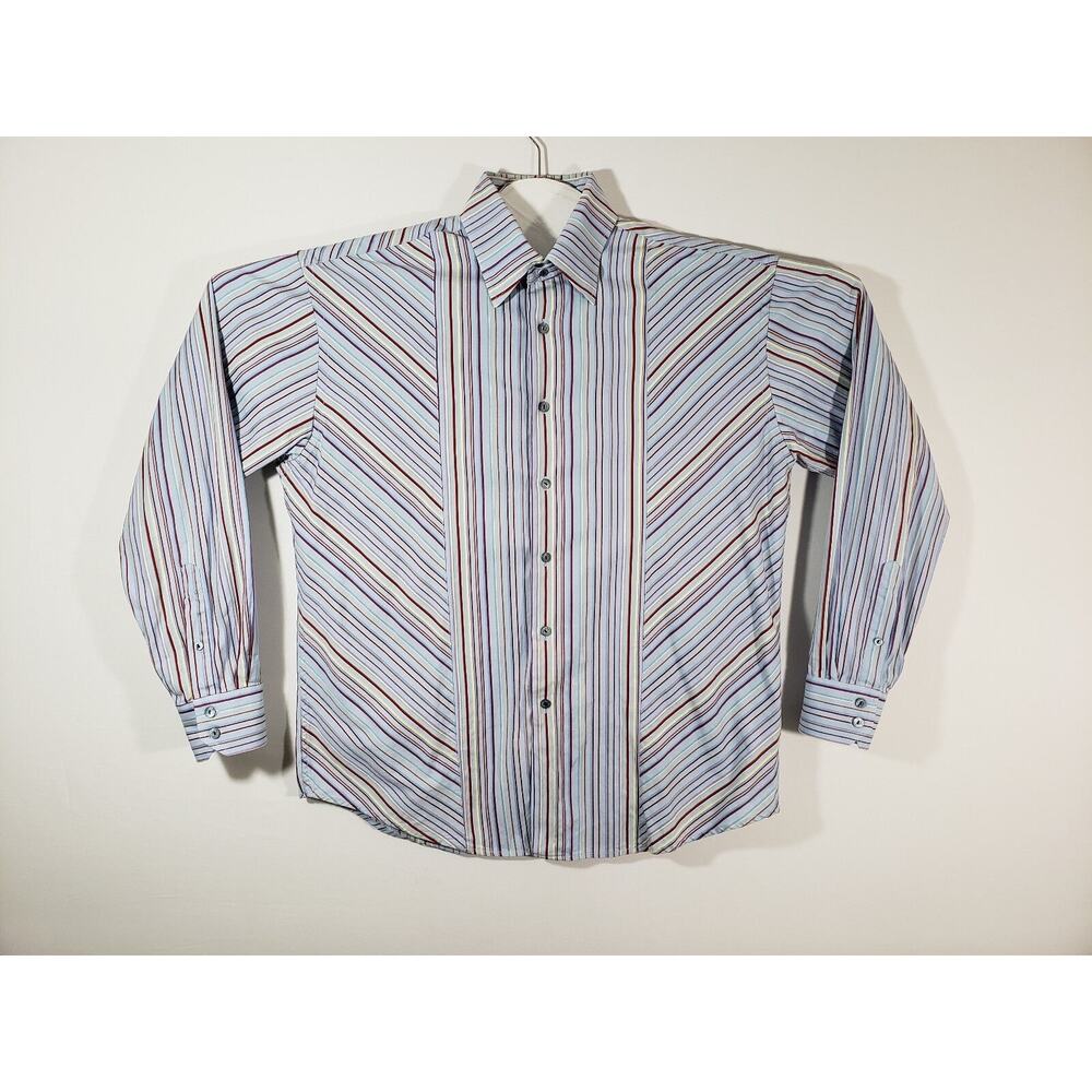 Bugatchi Uomo Shirt Men's Medium Colored Stripes Missing Button On Right Cuff